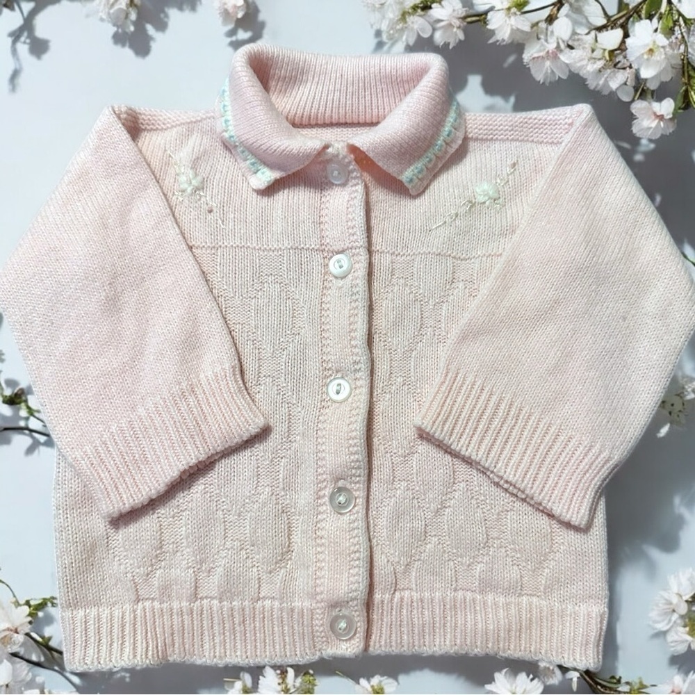 Vintage Baby Girl Pink Knit Cardigan Sweater with Floral Embroidery 6-12 Months